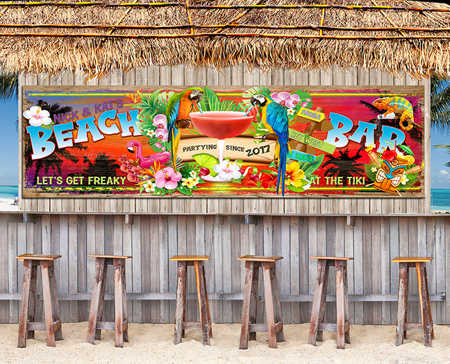 Beach Bar sign with parrots and a margarita, funny saying lets get freaky at the tiki