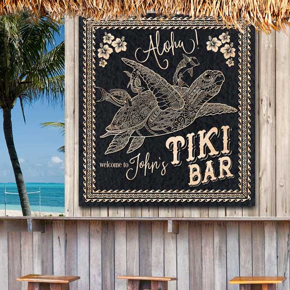 Tiki Bar sign ready to hang on black textured tailored canvas with words; Aloha, Welcome to John's Tiki Bar in teak wood.