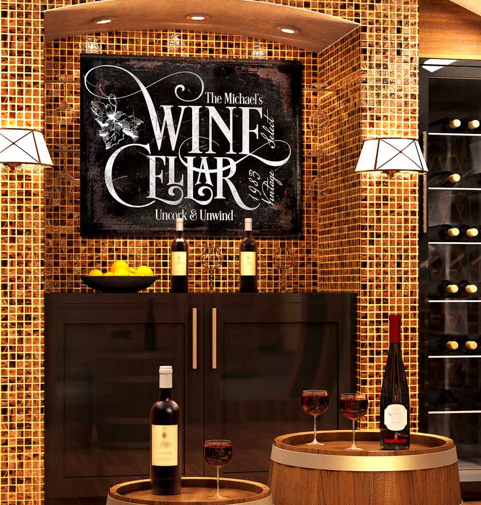 Wine Bar Accessories Sign in black with the words [Wine Cellar] Uncork and unwind with custom family name.