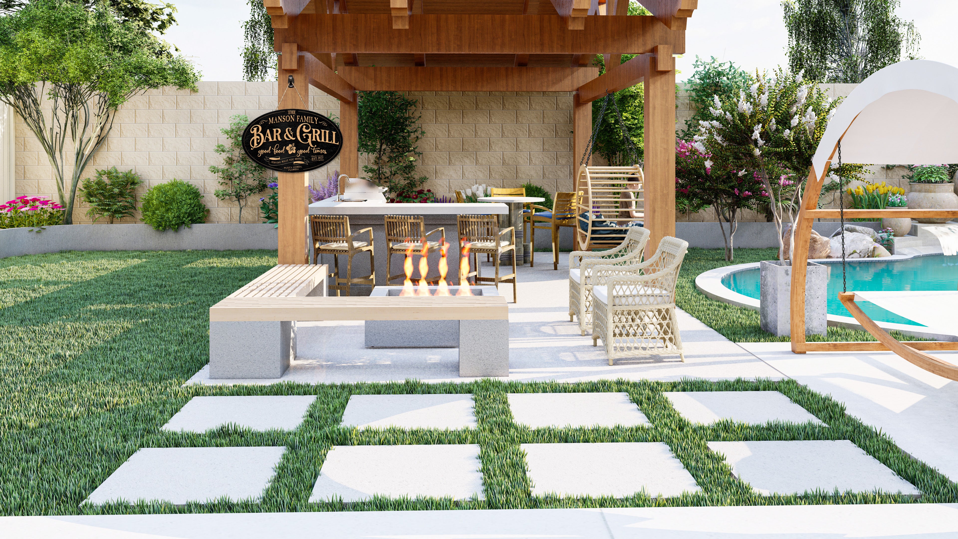Patio Sign and Patio area on landscaped backyard scenery