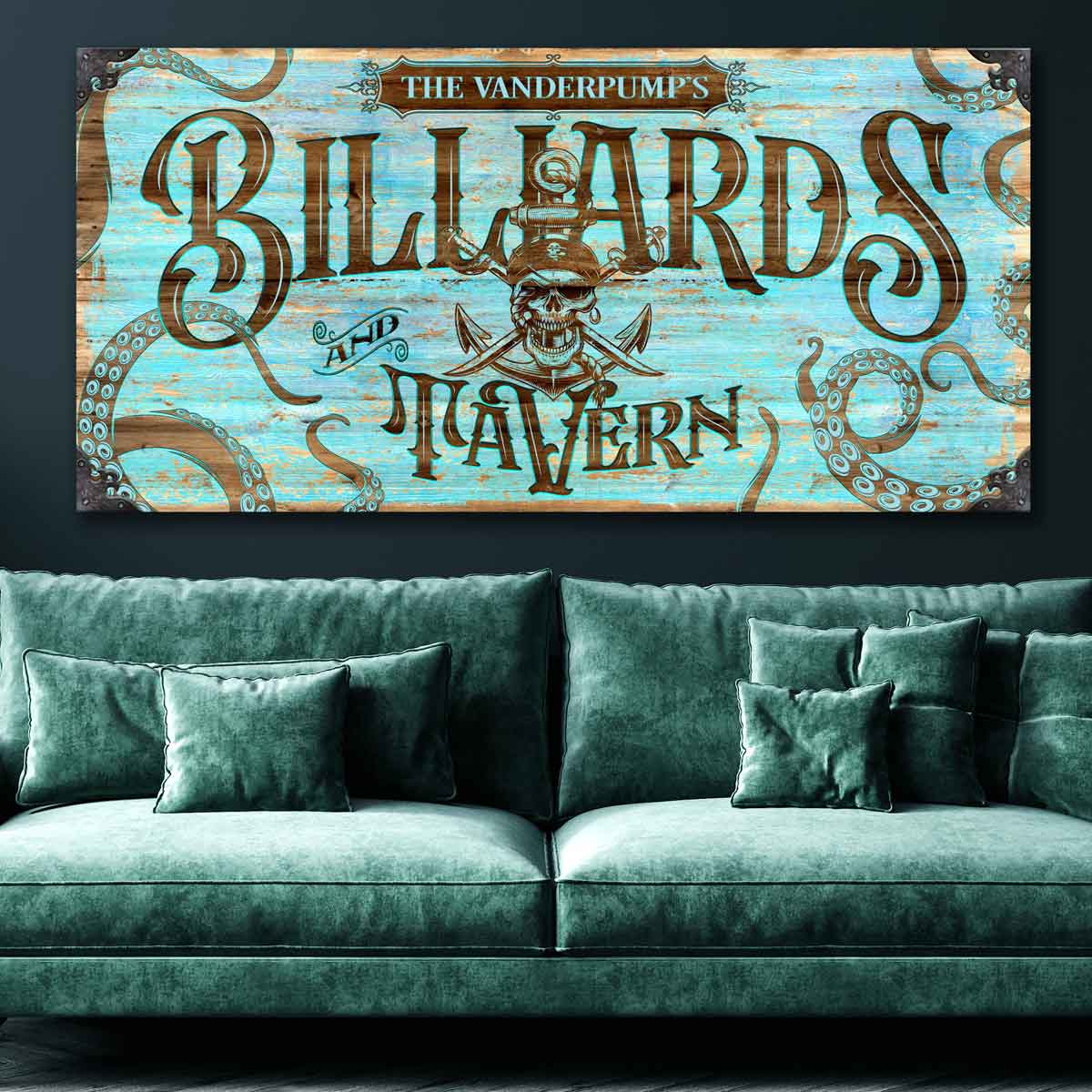 Billiard Signs, Custom Wall Art, Tavern Sign, Pool Room Art - Blue washed sign with pirate and words Billiards and tavern with octopus arms