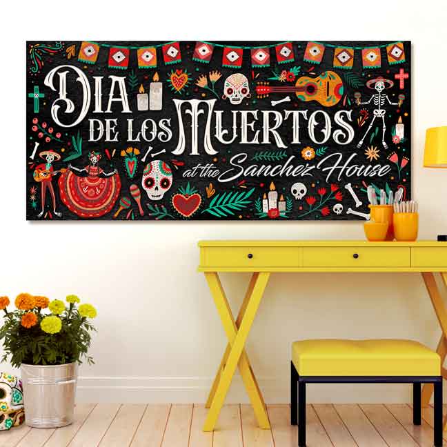 Dia De Los Muertos Custom Family Name Wall Art. Colorful Skeletons and Maracas On top of Black Canvas
