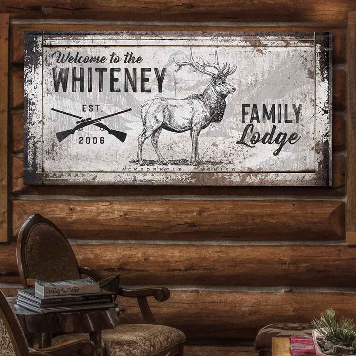 Personalized family name family lodge elk hunting sign with crossed rifles and big buck elk