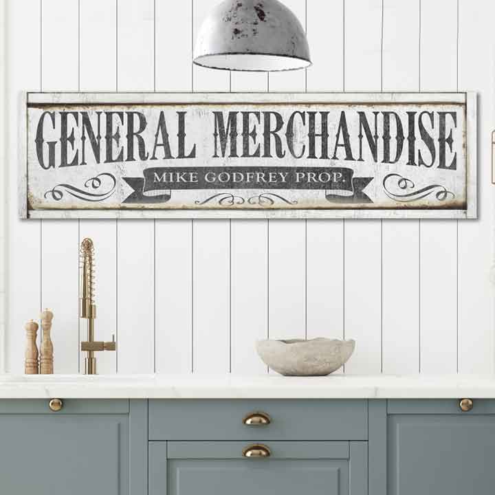 Vintage general merchandise modern farmhouse sign on white canvas. Customize with your family name