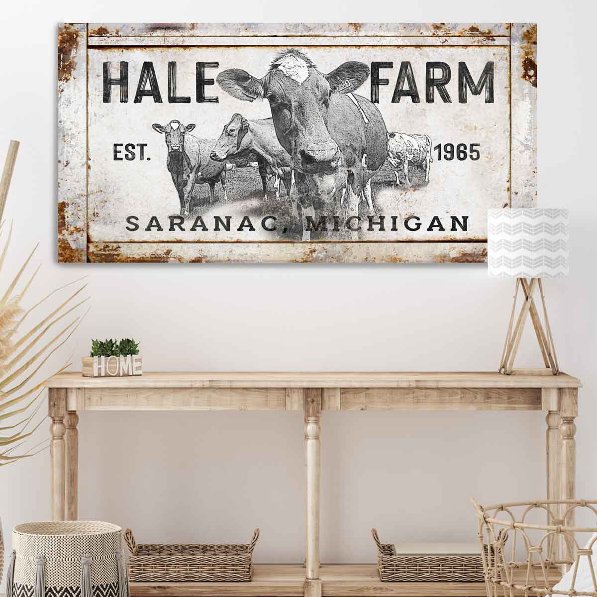 Vintage Canvas Cow Sign with personalized farm name. Cute cattle with floppy ears. Established date and location included on sign. 