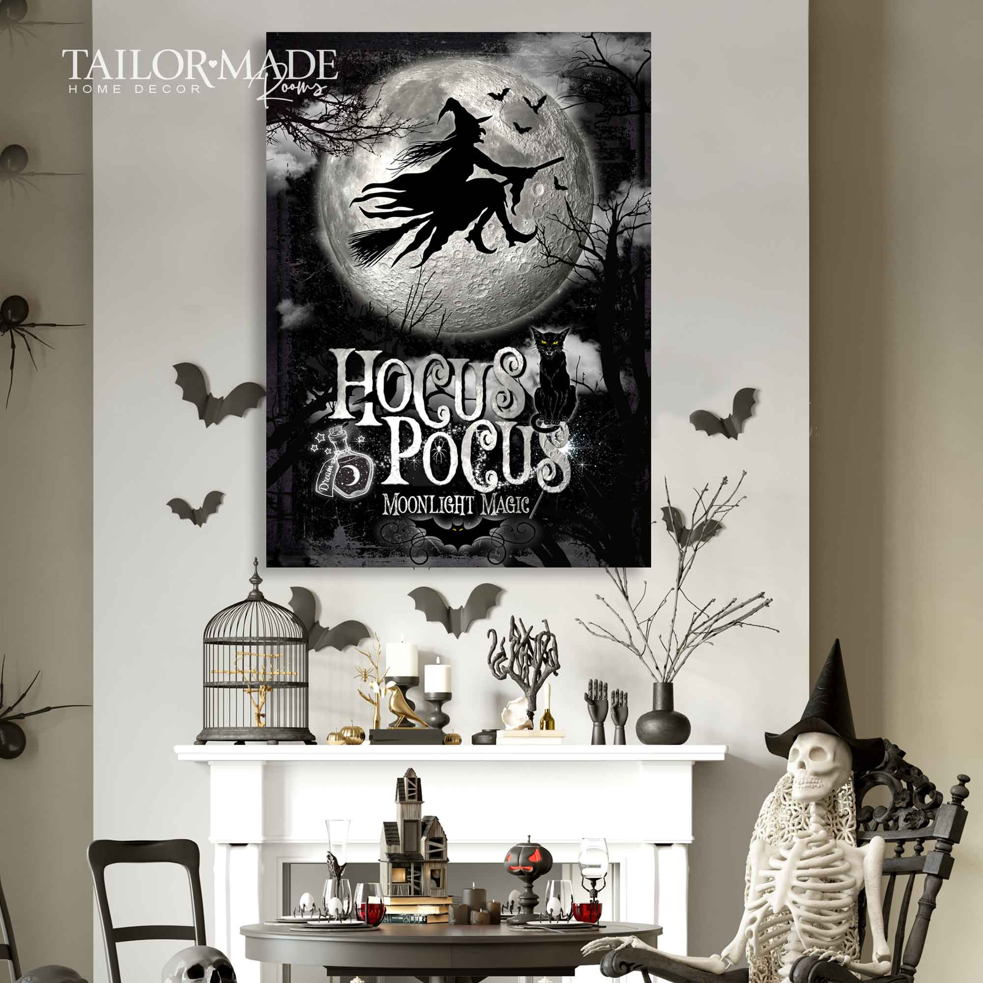 Halloween Hocus Pocus Wall Art. Black silhouette of witch on a broom flying in front of a full moon. 
