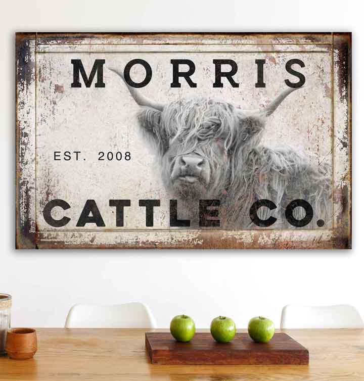 Highland Cow Sign on distressed faux framed background, with the words: (Your Family Name) Est. date, Cattle Company on a Tailor Canvas Sign