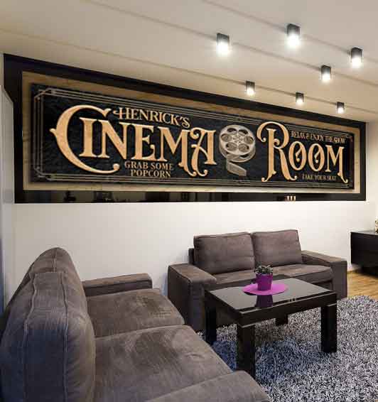 Home Theater Decor, Theater & Lounge Signs, cinema room in gold letters on black stone wall art