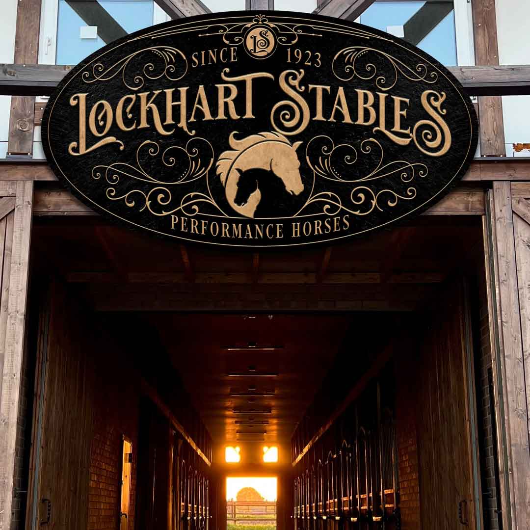 Large Metal Horse Stable Sign - Barn Sign on black stone with horse head graphic and the words Lockhart Stables Performance Horses Sign