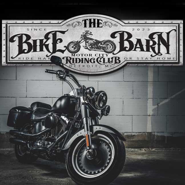 Large Metal Industrial Style Motorcycle Barn Sign. Reads Bike Barn with Motorcycle Graphic in the Center. Established date and city/ state for riding club. 