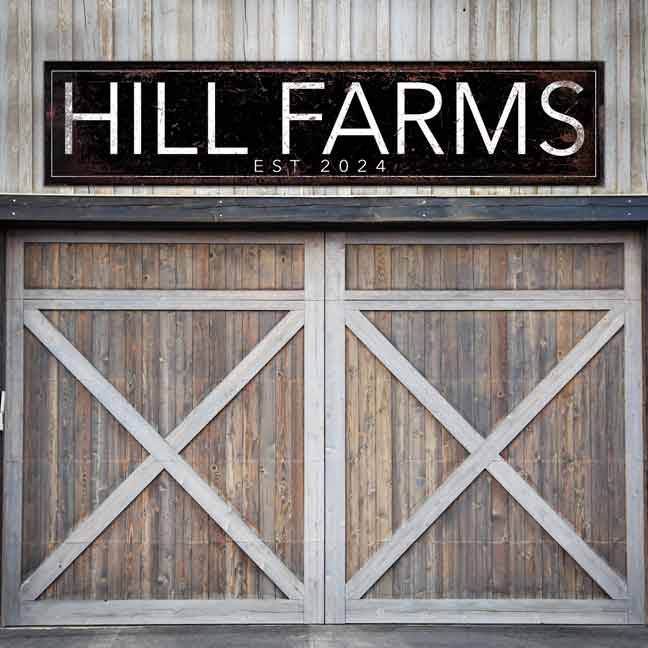 Modern large metal barn sign with family name. Black rustic background with modern white font and established date