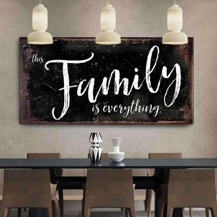 Vintage Farmhouse Inspired Wall Art on Black Canvas with "Family is Everything" accenting contemporary dining furniture for transitional design style.