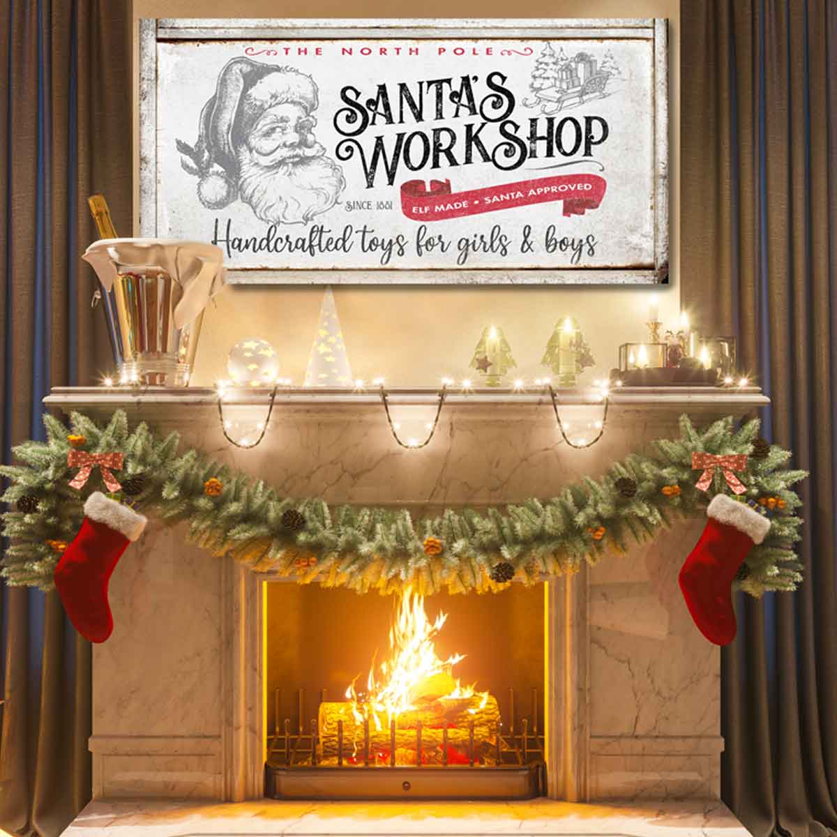Tasteful Christmas Decor Santas Workshop Custom Canvas Wall Art Over Mantle with Garlands and Stockings