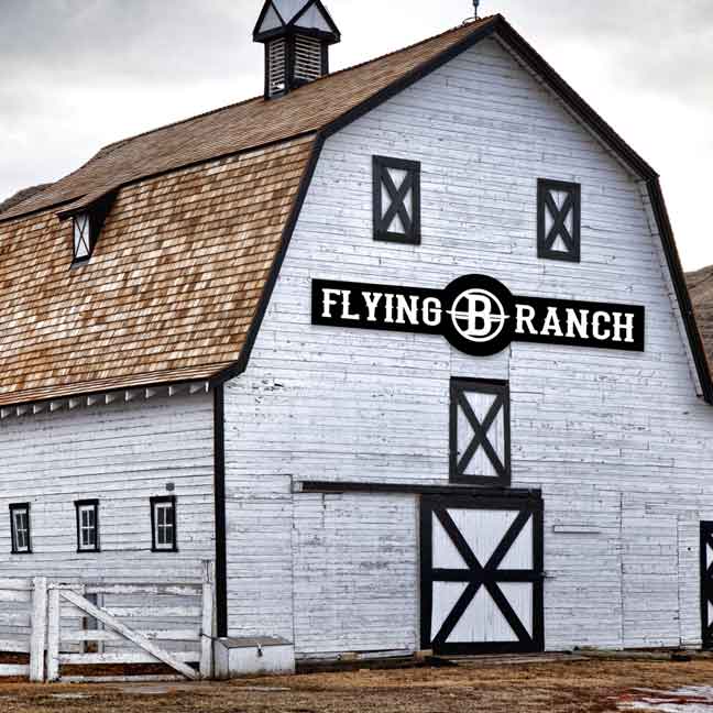 Oversized metal custom ranch or stable sign for barn wall. Reads "Flying B Ranch". 