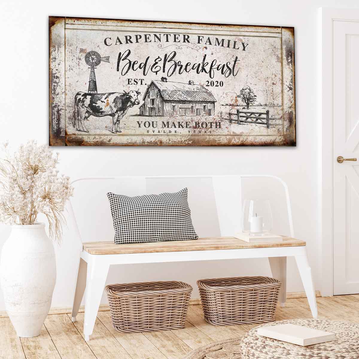 Personalized Modern Farmhouse Bed And Breakfast Sign With Family Name and Farm Life Scene