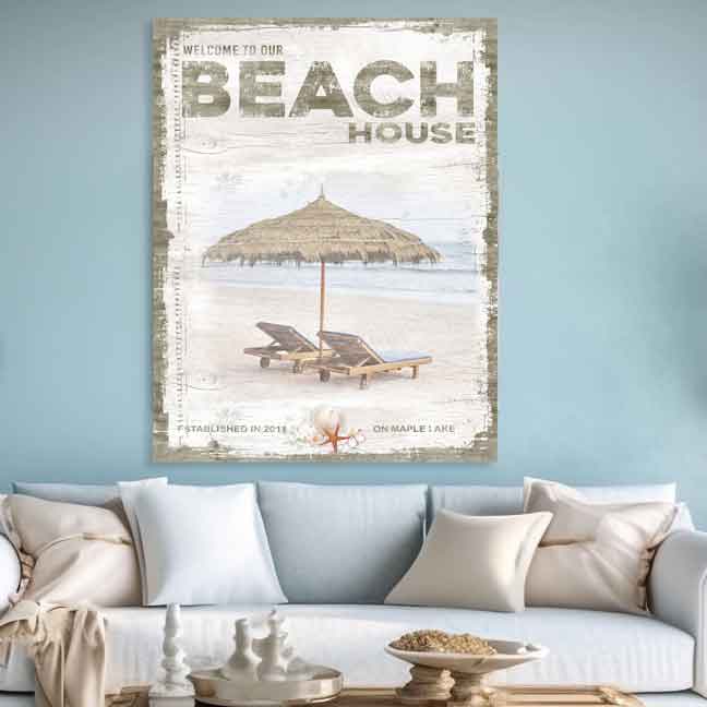 Beach House Canvas Sign with Two Lounge Chairs on the Beach