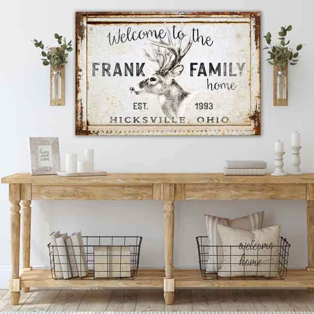 Deer Head Family Name Sign in light beige colors on rustic wood frame background, with words: Welcome to the (family name) Home with a deer head.
