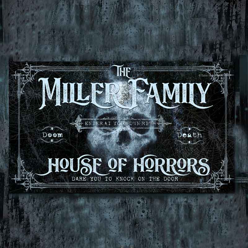 Custom House of Horrors Halloween Wall Art with Family Name and Spooky Skull. White Font on top of black canvas. 