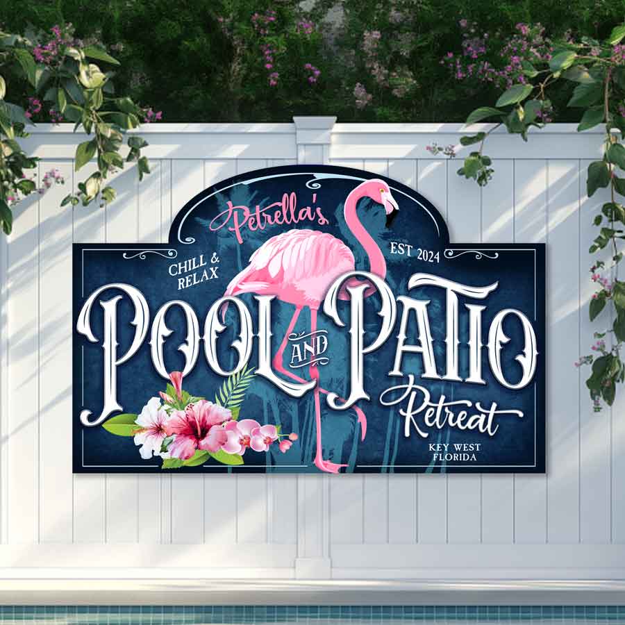 Personalized Pool Sign Decor on blue background with a pink flamingo