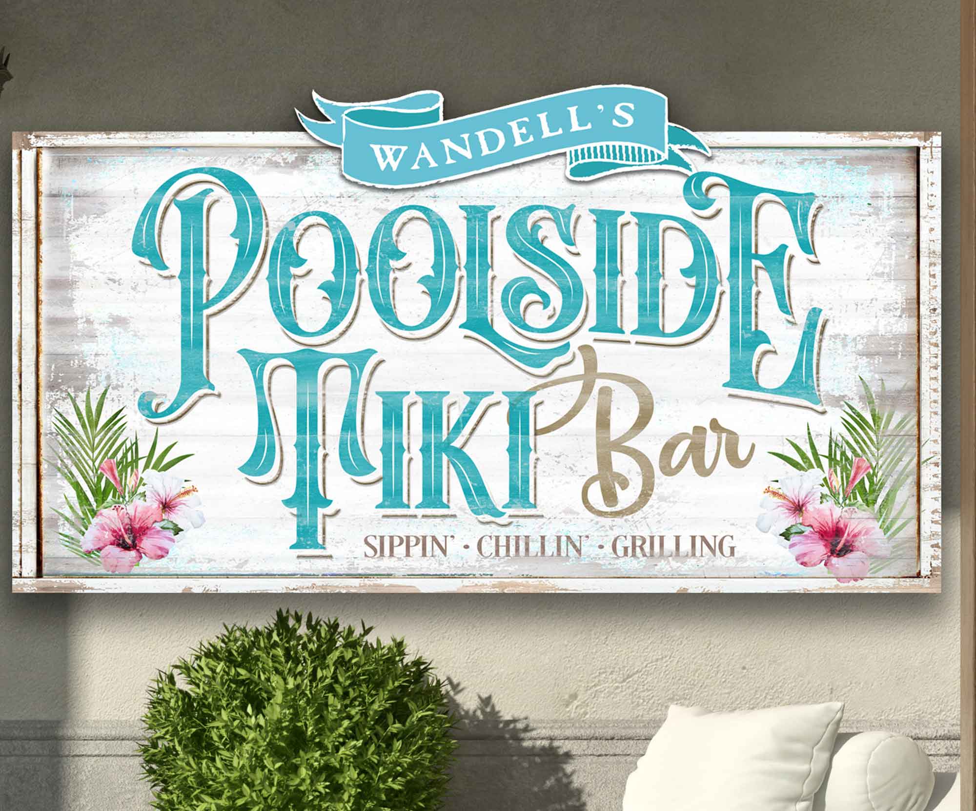 Poolside Tiki Bar Sign On Fauz Distressed Beach Wood With Family Name And Hibiscus Flowers. Tiki Bar Sign Says Sippin', Chillin', Grillin' 