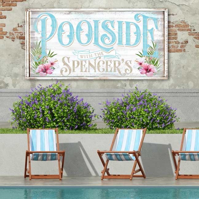 Personalized Poolside with the Spencer's or your family name outdoor metal pool sign with weathered white background, vibrant blue lettering and tropical flowers. 