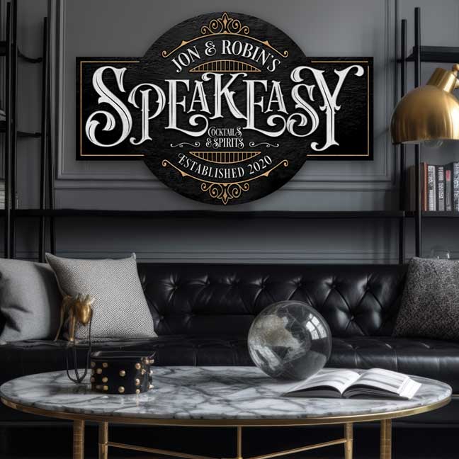 Speakeasy Decor Wall Sign Cutout. Black canvas with elegant white speakeasy lettering and gold accents. Family name and established date included. 