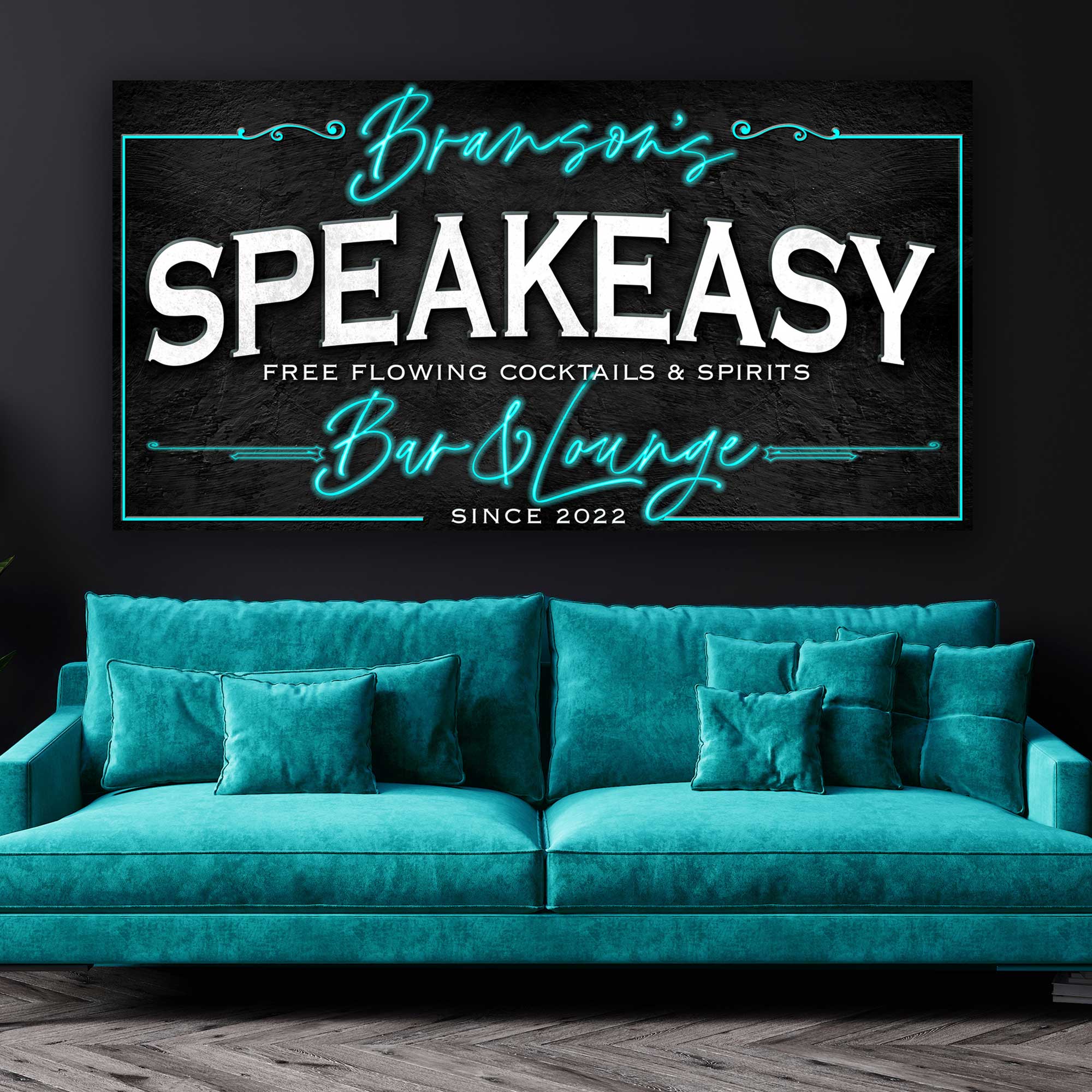 Personalized Speakeasy Bar & Lounge Sign. Black Canvas with "speakeasy" written in all caps white font and neon teal cursive font for family name and "Bar and lounge" 