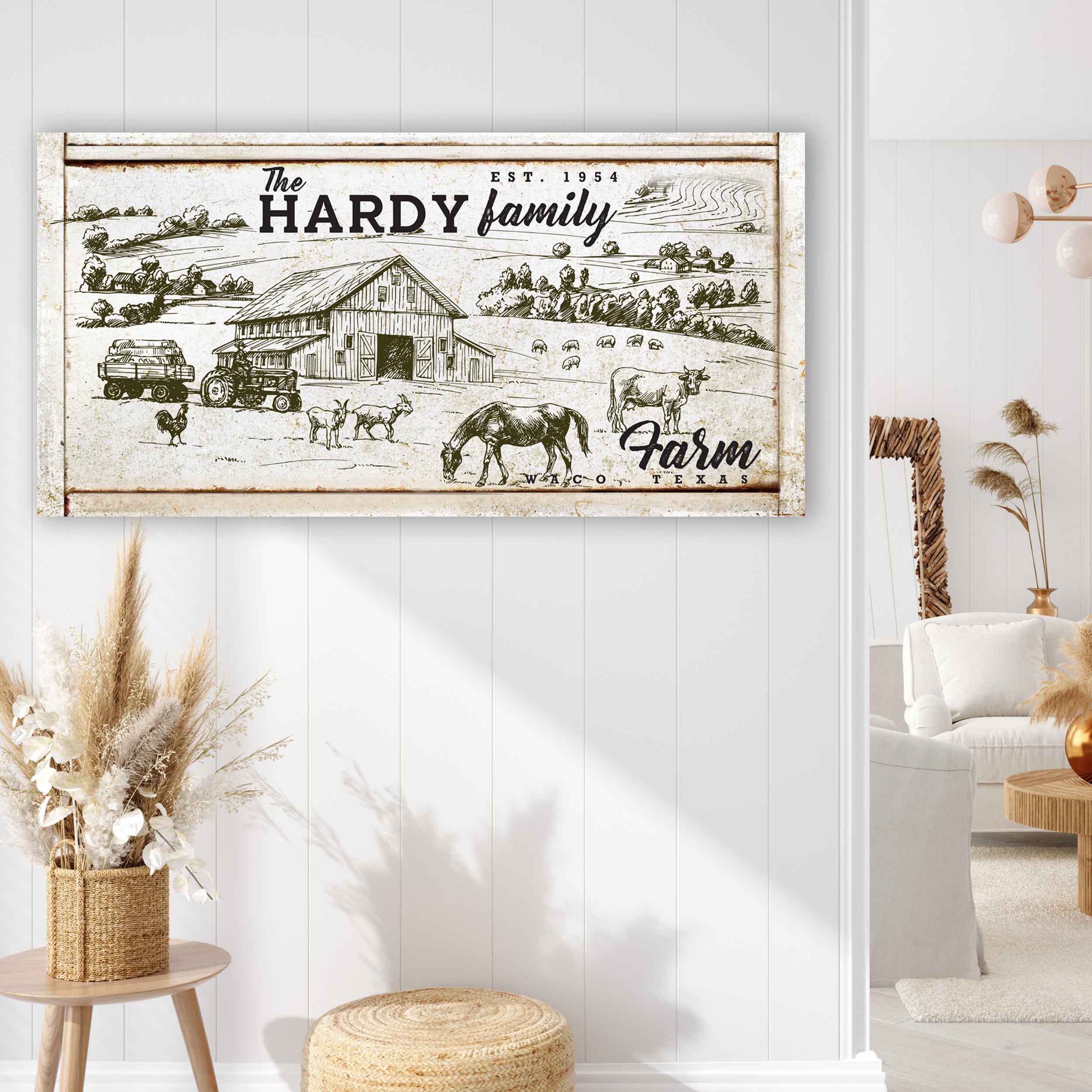 Boho farmhouse style canvas wall art with family name and farm life landscape