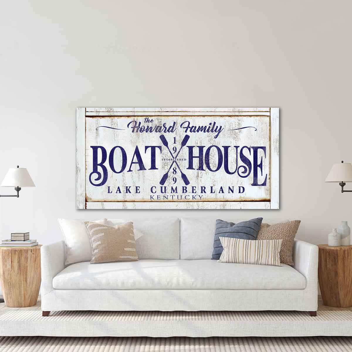 Canvas Boat House Sign On Faux Distressed Wood With Family Name, Established Date, Lake Name, And Boat Oars