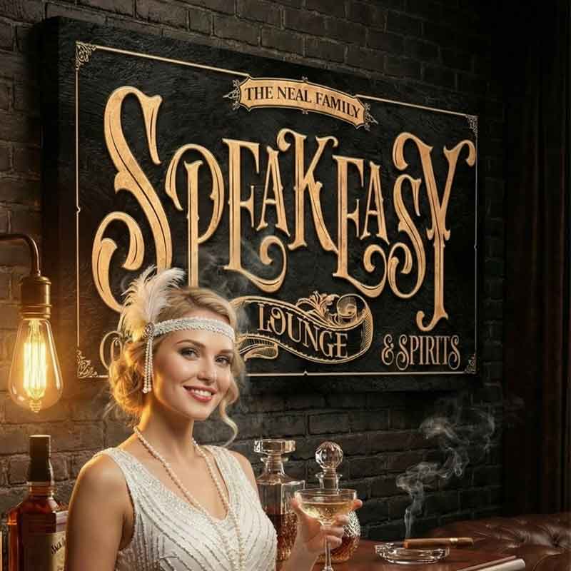 Woman in a vintage outfit holding a drink in front of a '1920s Speakeasy Lounge & Spirits' sign.