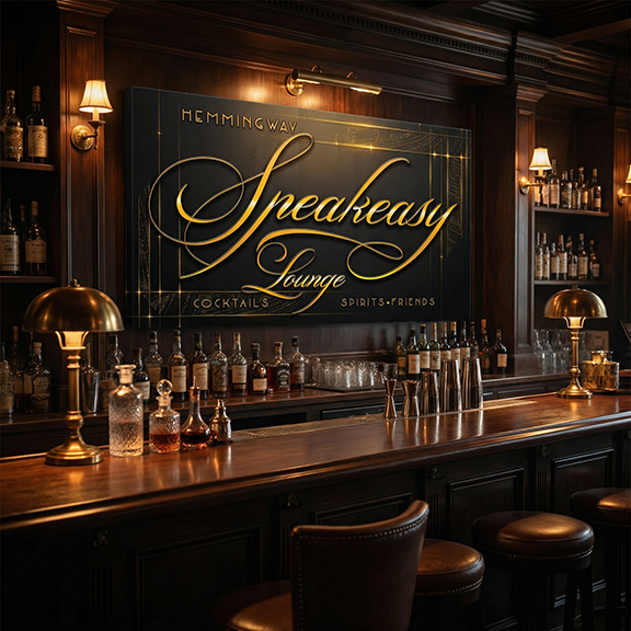 Dark-themed bar with '1920s Speakeasy Lounge' sign and bar equipment.
