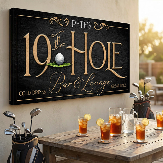 19th hole bar sign hanging on the wall by a table of drinks.