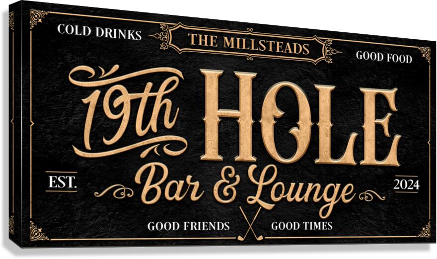 19th hole bar sign in gold and black lettering