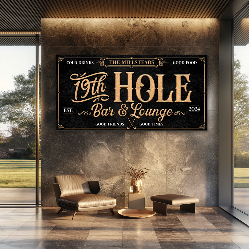 19th Hole Golf Sign in gold letters with textured black background