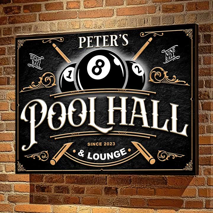 billiards sign that is personalized and says Pool Hall and Lounge