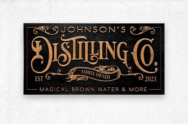 bourbon bar sign on dark stone with the words Distilling Co.