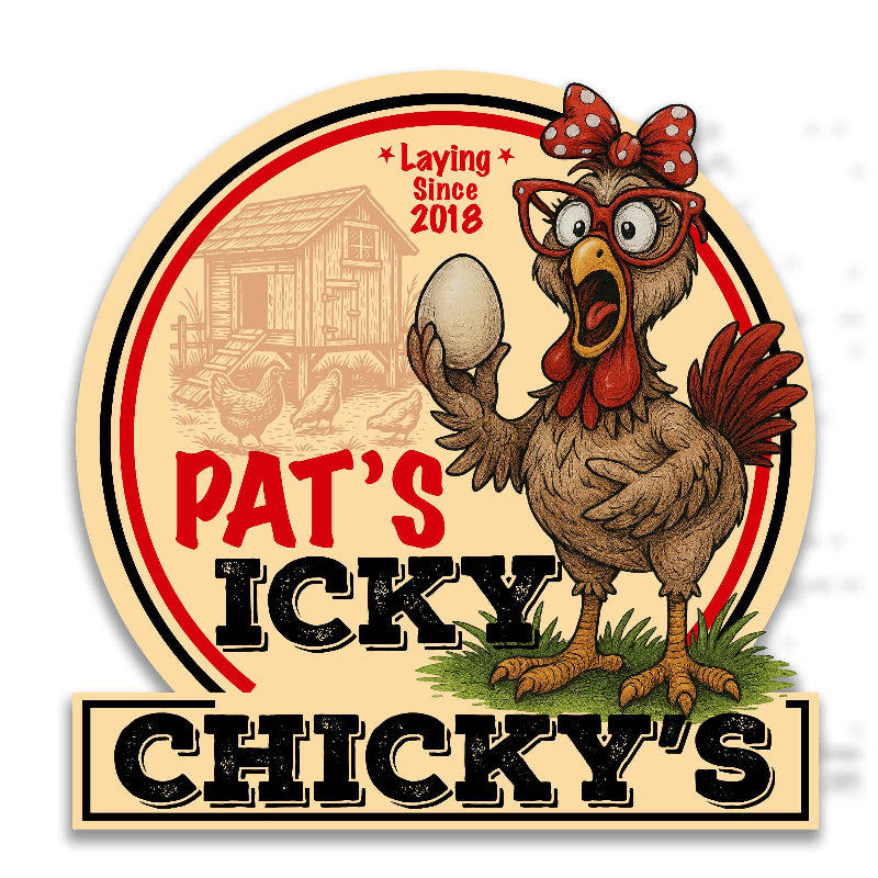 Chicken farm signs with a funny hen holding an egg personalized