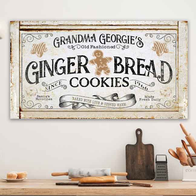 Ginger Bread Bakery Christmas Sign on distressed old frame with the personalized name.