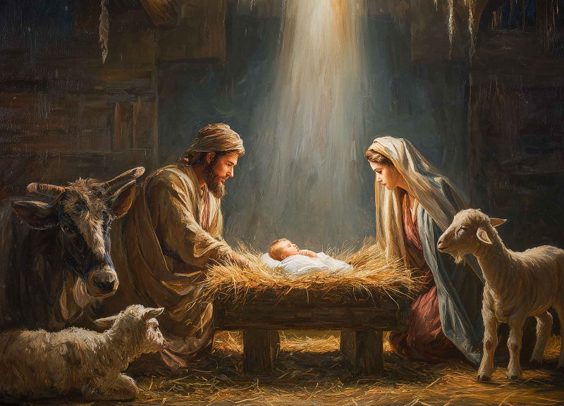 christmas nativity art of jesus in the manger surrounded by Joseph and Mary