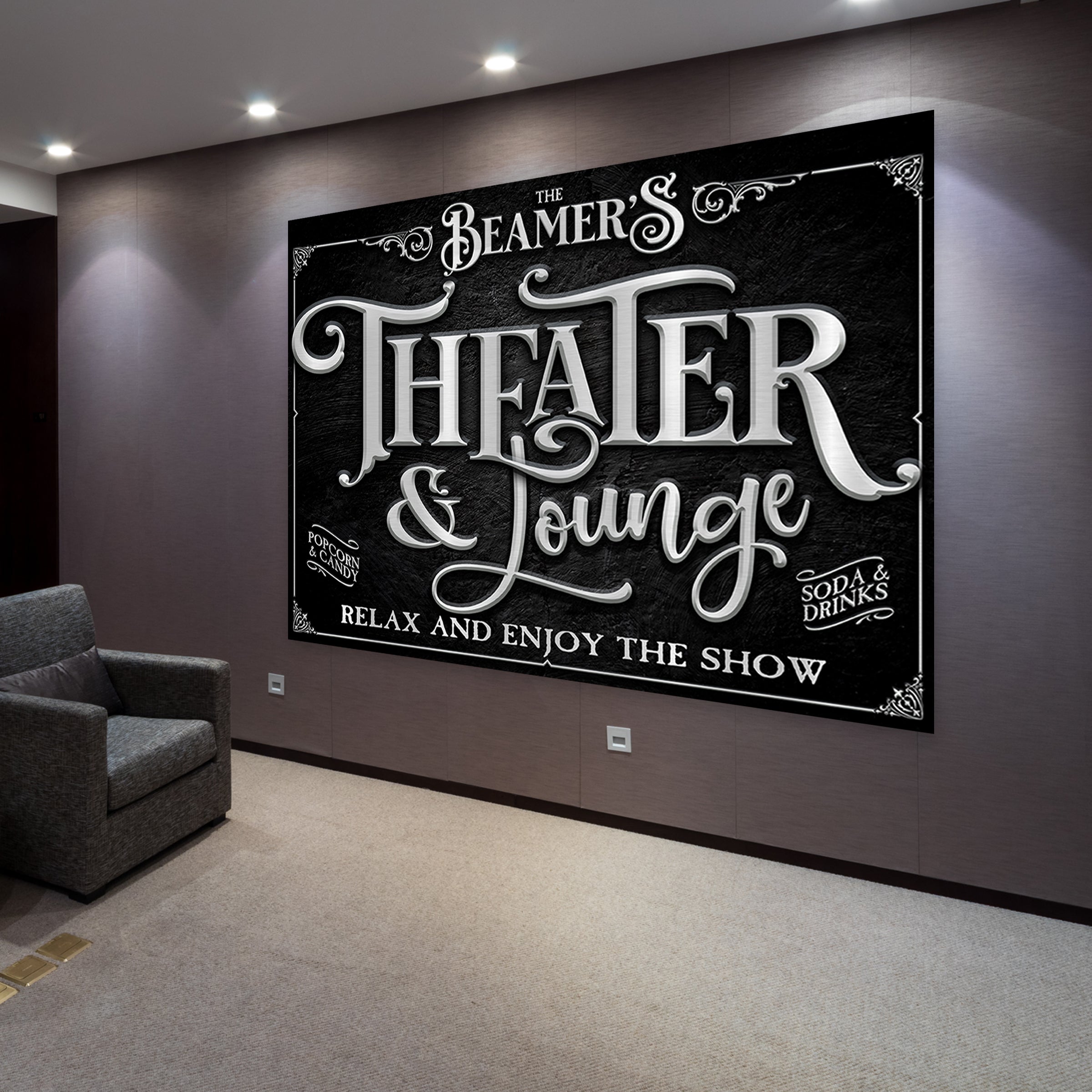 Cinema sign home theater decor sign in black and silver