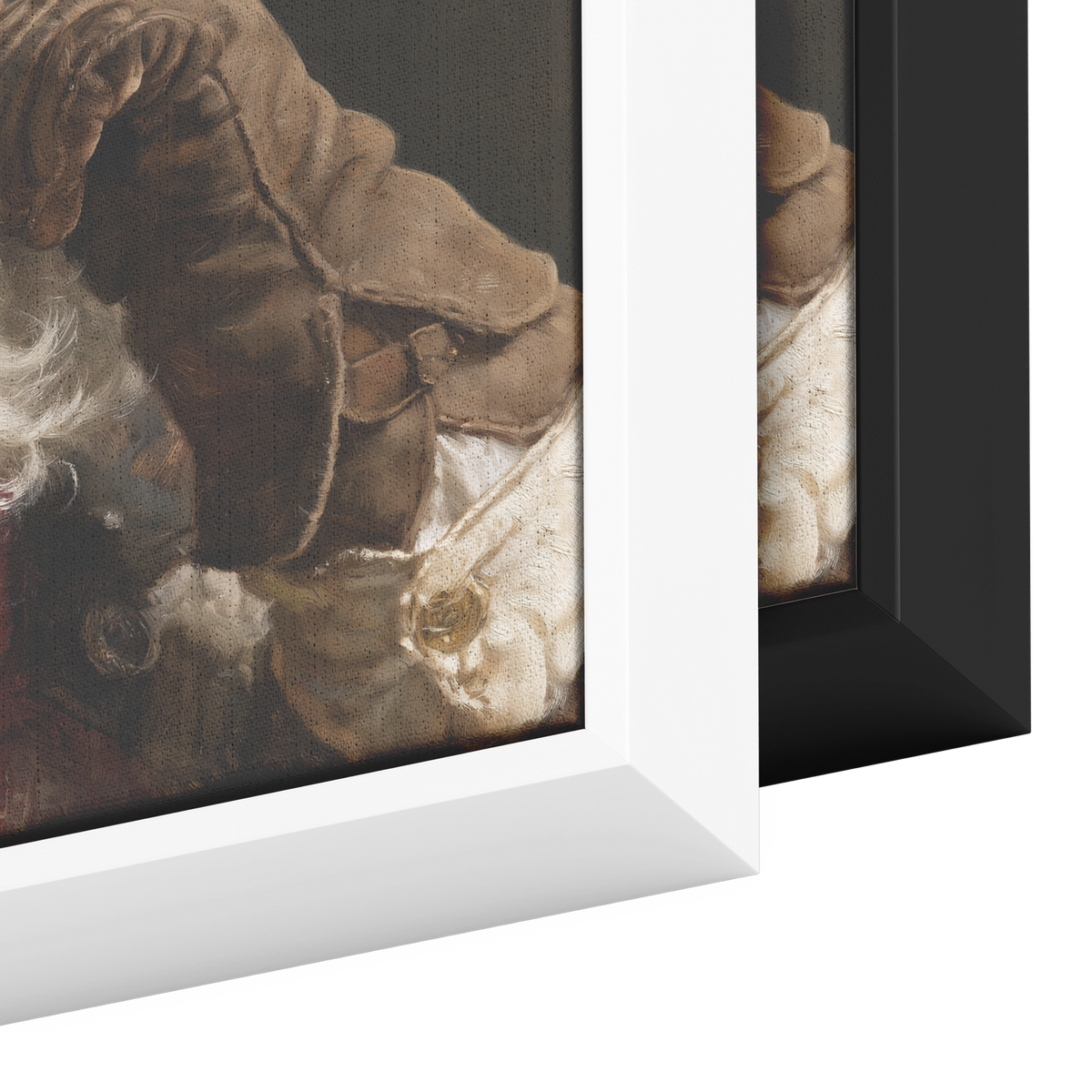 Western Santa portrait canvas shown in both the black and the white frame option