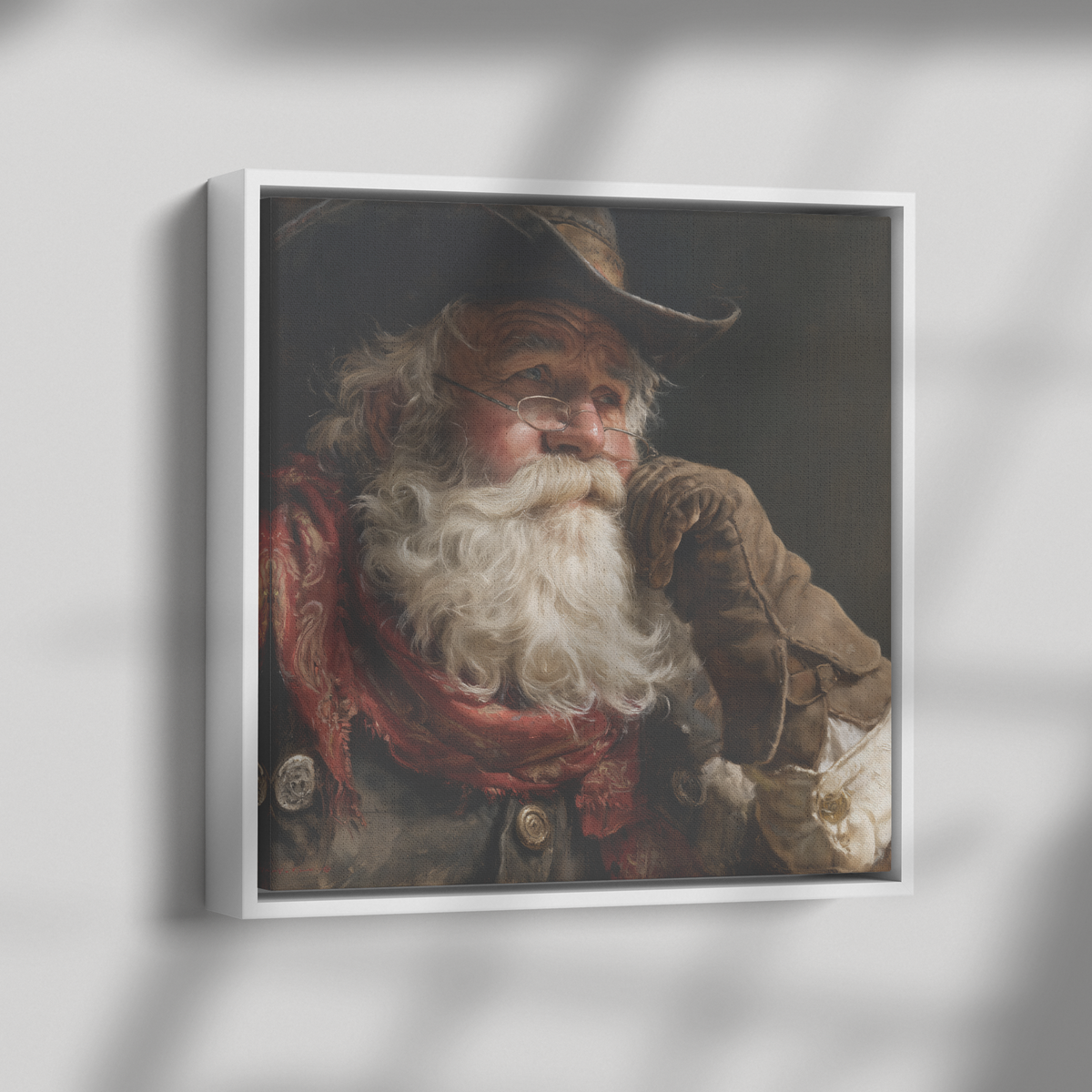 Cowboy Santa Claus portrait canvas shown with dramatic side lighting