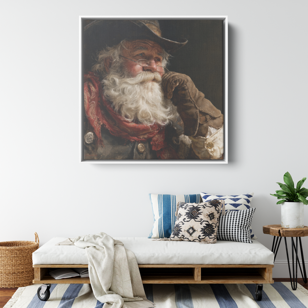 Cowboy Santa Claus portrait canvas hung at a larger size above furniture