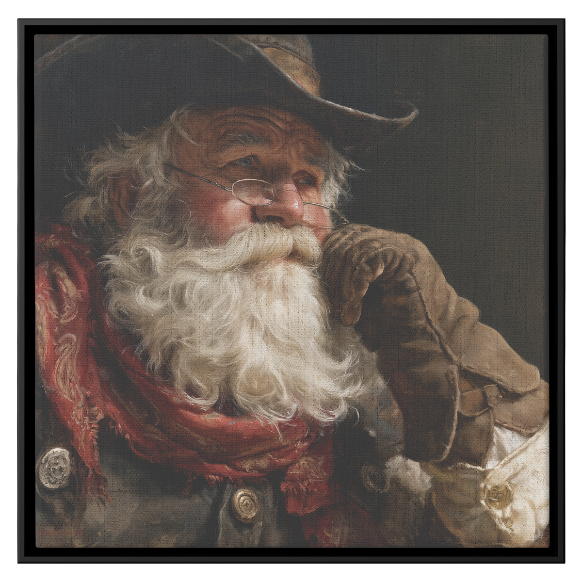 Cowboy Santa Claus portrait canvas in a square black frame