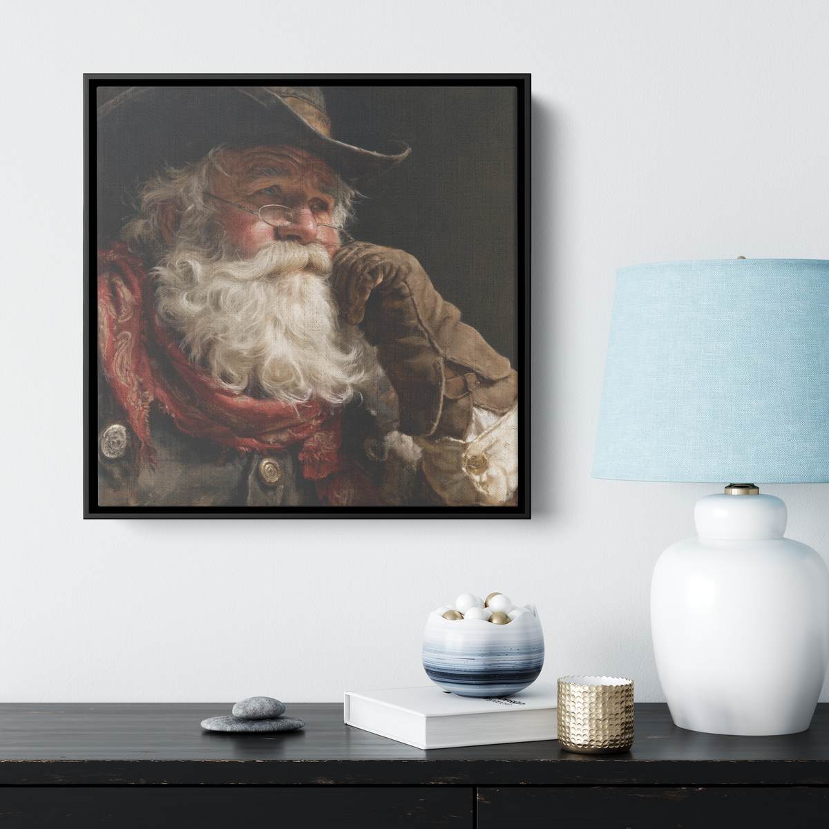 Cowboy Santa Claus portrait canvas shown at a smaller size in a styled room