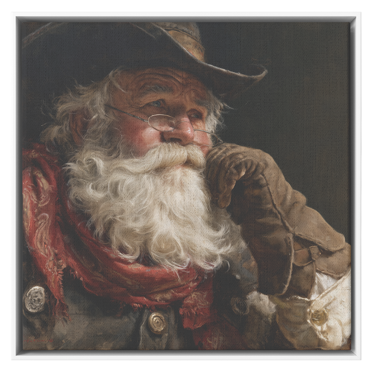 Cowboy Santa Claus portrait canvas shown in the white frame option
