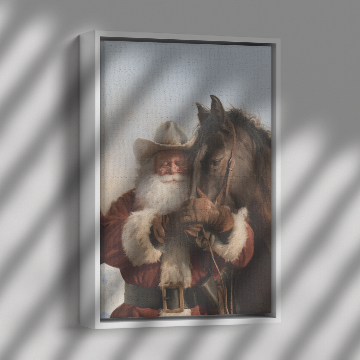 Western Santa framed canvas shown with dramatic side lighting