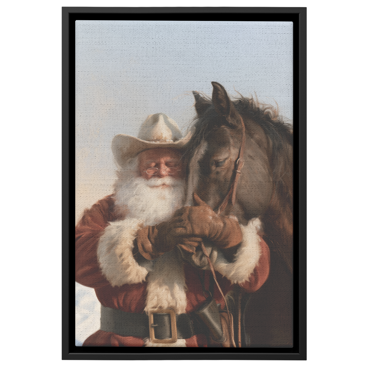 Western Santa art canvas of a cowboy Santa resting his forehead against his horse in the snow