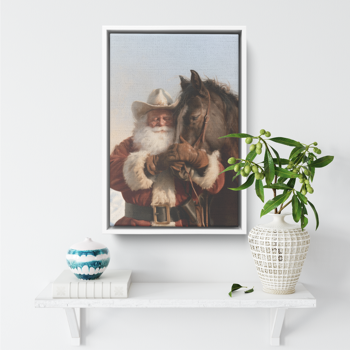 Cowboy Santa and horse canvas shown at a smaller size on a wall