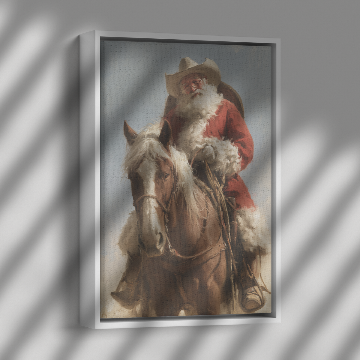 Cowboy Santa framed canvas shown with dramatic side lighting